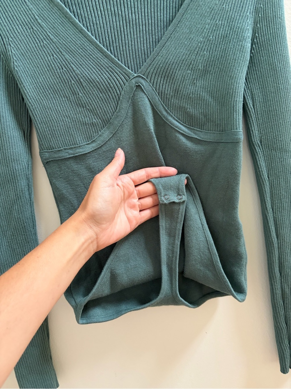 Abercrombie & Fitch Ribbed V-Neck Bodysuit in Dusty Teal Green - Picture 6 of 7